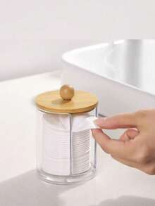 Acrylic Storage Box With Bamboo Lid/Transparent Lid - Transparent Cotton Swab, Cotton Ball And Dental Floss Holder For Bathroom Storage - Multi-Functional Storage Box For Vanity Essentials - A - View 2