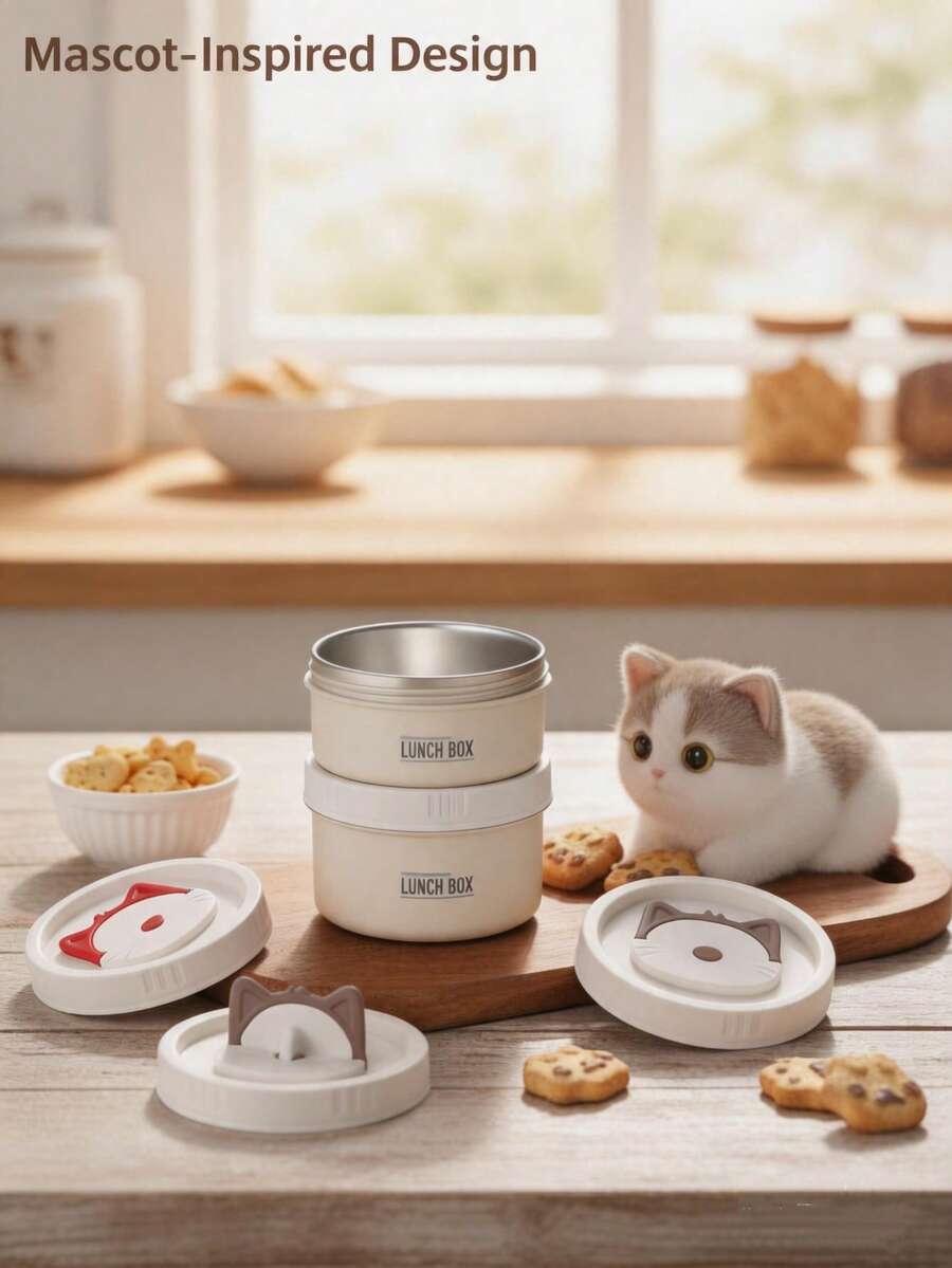 猫耳造型便当盒套装,可爱猫耳造型保温饭盒,多层微波炉加热便当盒,适合学生和上班族,圆形便携式保温饭盒带汤碗,防漏微波炉加热保温便当盒,适用于办公室和学校 - 黑色 - 查看 1