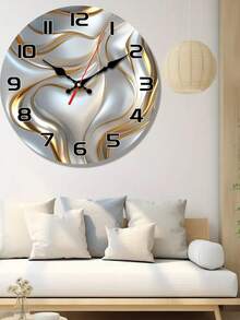 1 Pc 10 Inch/12 Inch Wooden Wall Clock With Golden And Silver Wave Texture Pattern, Silent Clock With Abstract Art Line Design, Living Room, Bedroom, Kitchen, Office Decoration, Modern Home Art Decoration, Ideal Valentine'S Day, New Year Gift, Birthday Gift - Multicolor - View 2