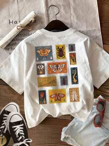 Cute Y2K Summer Top. 1pac. Cute Y2K Summer Top. Women's 100% Cotton Double-Sided Print T-Shirt, Vintage Style, "Insect, Temperature 40 80 20" Print, Casual Short Sleeve Round Neck Top For Spring/Summer, Yang K. Perfect For A Casual Look. - 白色 - 查看 3