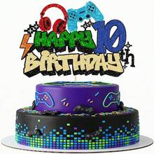 1個亮片 Game On 生日快樂蛋糕插牌，男孩生日裝飾，電玩遊戲控制器與耳機主題蛋糕裝飾，遊戲派對用品 - 彩色遊戲HB - 查看 9