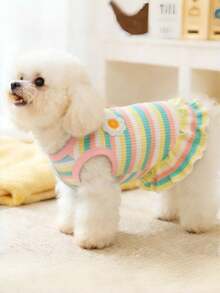 1 pieza Ropa de verano nueva para mascotas perros/gatos con rayas arcoíris, chaleco de estilo princesa de manga abullonada delgada, conjunto ligero y transpirable para cachorro/gatito en primavera/verano, vestido camiseta a rayas coloridas para Teddy/Poodle - Multicolor - Ver 7