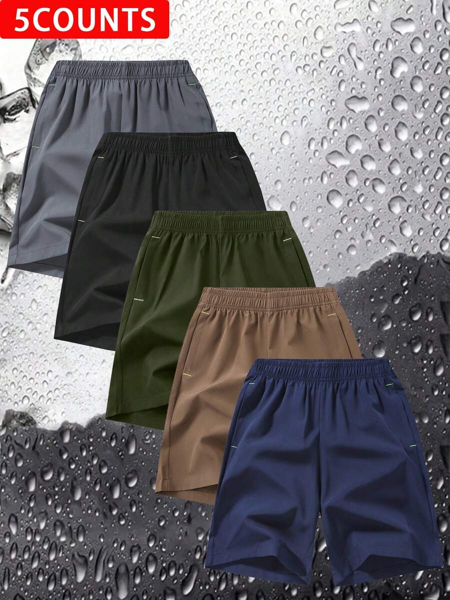 5pcs/Pack Teen Boys Casual Solid Color Quick-Dry Shorts, Lightweight Breathable Comfortable Summer Sports Shorts - Black - View 1
