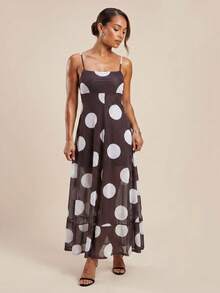 Women's Spring/Summer Long Dress Casual Stylish Dot Print Square Neck A Line Spaghetti Strap Dress - Marrón - Ver 4