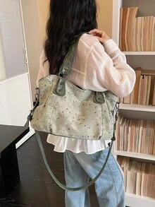 2026新款女款單肩包，小眾設計大容量通勤休閒百搭簡約時尚斜挎包，PU材質仿牛仔設計純色，舒適材質手提包附拉鍊開合，可拆卸肩帶，多口袋，大容量，附吊飾托特包 - 綠色 - 查看 3