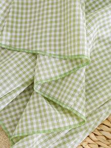 Robe à carreaux vert clair et blanc pour filles, col carré Peter Pan blanc, manches courtes bouffantes brodées de motifs écureuil et floral, jupe ample trapèze - Vert menthe - Voir 9