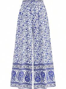 [Free Shipping]Women Wide Leg Pants Casual High Waist Floral Palazzo Pants For Women Flowy Lounge Boho Beach Trousers Pockets Women's Wide Leg - 寶藍色 - 查看 1