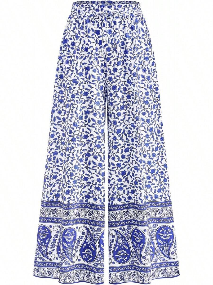 [Free Shipping]Women Wide Leg Pants Casual High Waist Floral Palazzo Pants For Women Flowy Lounge Boho Beach Trousers Pockets Women's Wide Leg - 寶藍色 - 查看 1