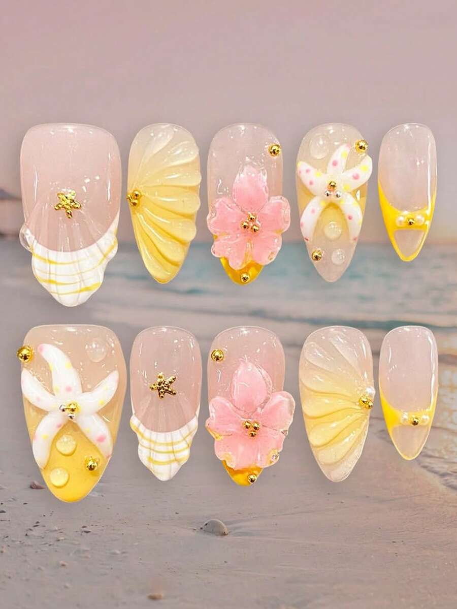 10片杏仁形3D凝膠美甲貼,壓克力穿戴式假指甲,陽光黃與粉色海灘海洋度假風,3D貝殼與海星裝飾,可重複使用美甲用品,Y2K風格,適合日常配戴、約會、派對與旅行,女孩禮物配件 - 彩色 - 查看 1
