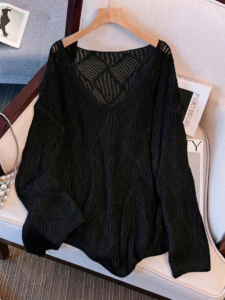 Women's V-Neck Hollow Rhombus Design Loose Knit Cover Up, Airy And Breathable For Beach/Resort Wear, Spring/Summer Vacation - Black - View 1