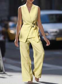 Elegaris 2pcs Elegant Outfit Set, Women Sleeveless V-Neck Tie Waistcoat Top And Loose Pocket Wide Leg Pants Set Spring Casual - Yellow - View 1