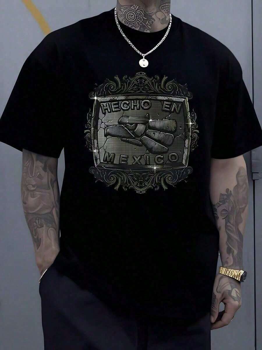 Símbolo de dos manos unidas que representan fuerza respeto y orgullo de la tierra mexicana con detalles ornamentales dorados que evocan tradición y unión cultural camiseta de hombre talla grande 100% algodón 220g - Negro - Ver 1