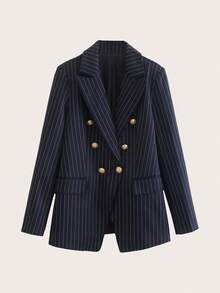 Women's Pinstripe Double Breasted Suit Jacket Spring Elegant Fall - Navy Blue - View 3
