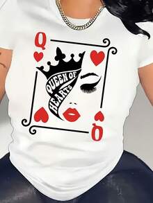 Women's T-Shirt With Pink King Of Hearts Print, Short Sleeves, Round Neck, Polyester, Fashionable All-Season Playing Card Design, Casual Wear | Casual Fashion Clothing | T-Shirt - White - View 1