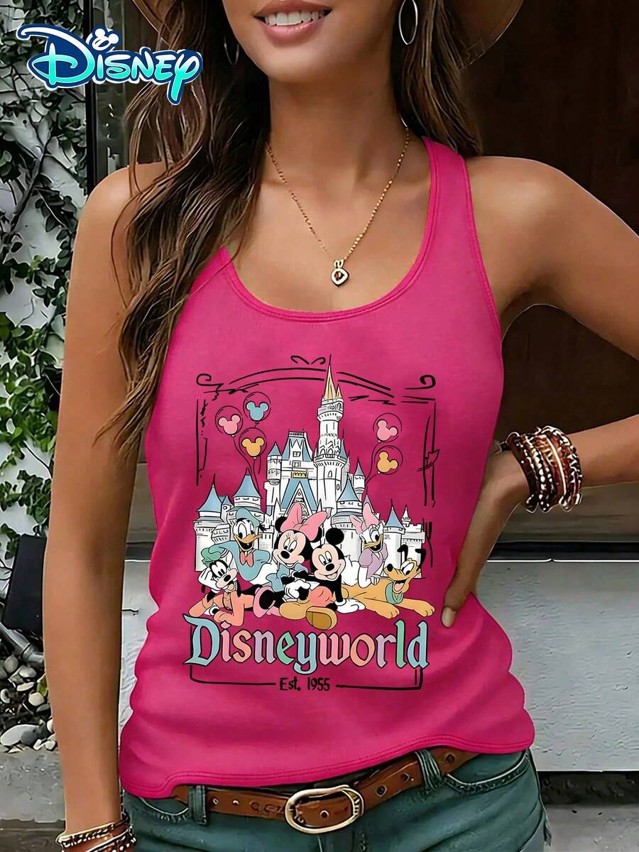Disney Official Authorization | Women's Casual Round Neck Sleeveless Vest. Taking Disneyland As The Theme, Paired With Castles, Character Groups, And The Word "Disneyworld", It Is Dreamy And Full Of Childlike Fun. It Is An Atmospheric Item For Theme Park Travel And An Ideal Choice For Showcasing Fairy Tale Style. - Màu Hồng Tươi - Xem 1