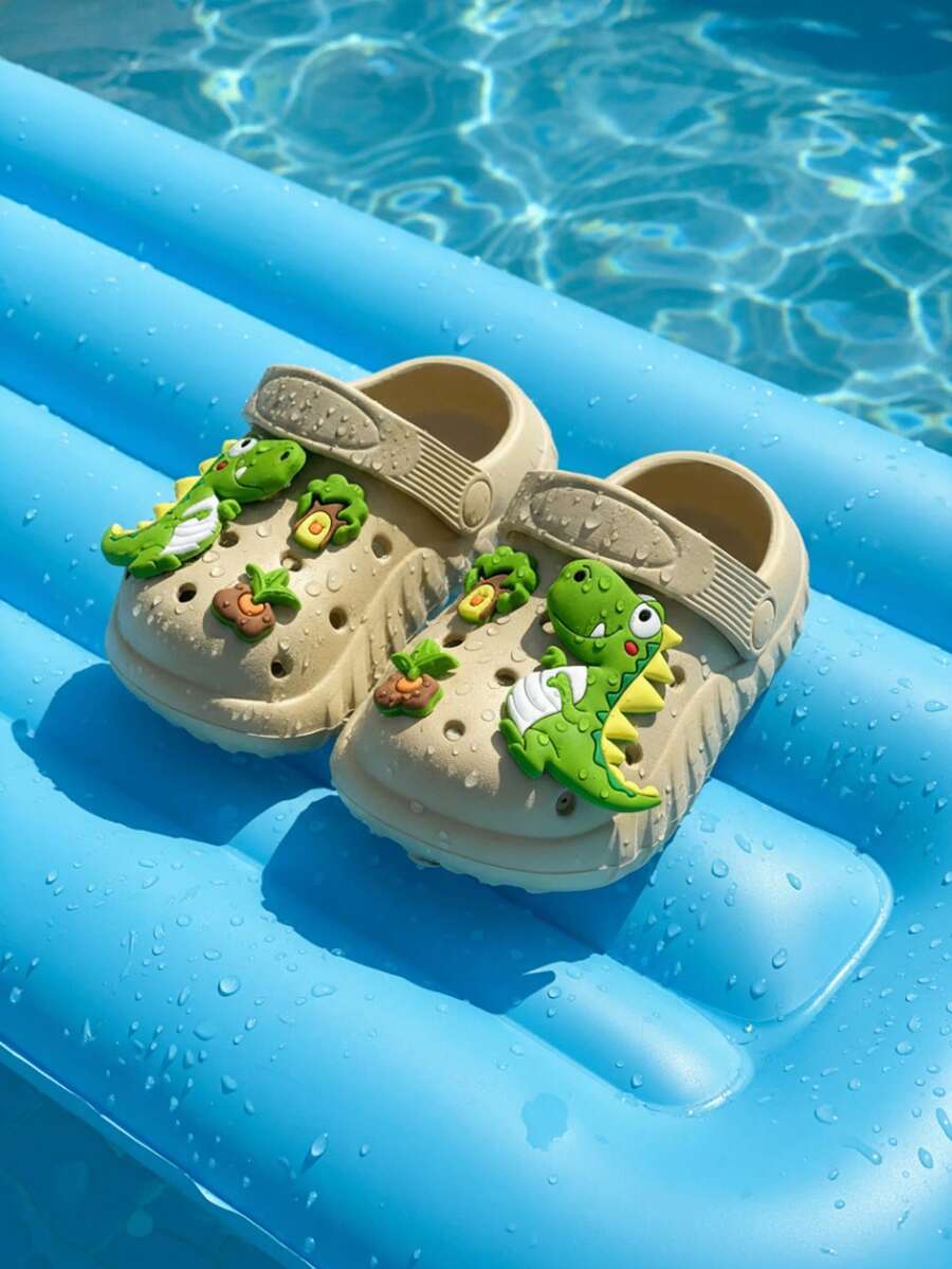 HAHABOBO Children's Khaki Dinosaur & Plant Decor EVA Clogs, Adjustable Heel Strap, 2 Ways To Wear, Summer Beach & Pool Shoes, Unisex (Random Style) - Khaki - View 1