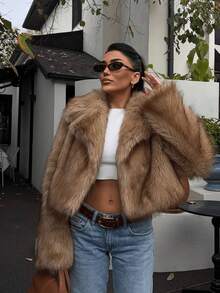 Women's Winter New Vintage Luxury Fashion Elegant Faux Fur Collar Coat - Brown - View 3