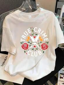 Top de mujer de manga corta y cuello redondo con estampado de rosas y cruces, apto para todas las estaciones. - Blanco - Ver 1