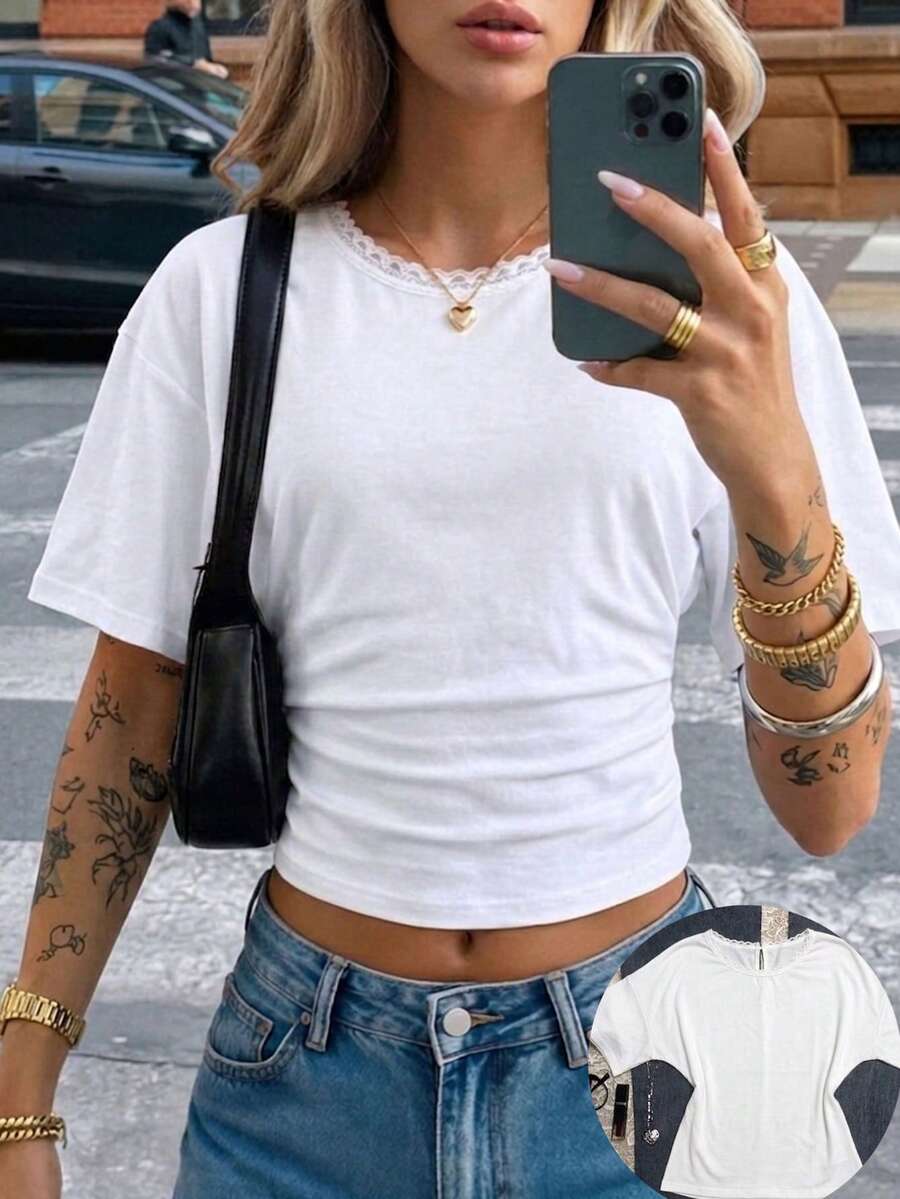 Youmi Clothing 女款夏季時尚白色針織圓領蕾絲飾邊上衣,針織面料收腰修身 T-Shirt 上衣,適合日常、辦公室、海灘、休閒出遊/約會 - 白色 - 查看 1