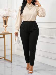 SHEIN Lady CURVE 加大折叠褶裥斜口袋裤 - 黑色 - 查看 4