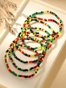 7pcs Black History Month Bohemian Black Red Yellow Green Mixed Color Seed Bead Elastic Bracelets, Random Bead Color Sequence - Multicolor - View 3