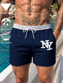 Classic NY Logo Swim Trunks, Quick-Dry Elastic Waist Beachwear With Side Pockets - Multicolor - View 7