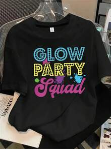 Top de mujer de manga corta y cuello redondo con estampado de logotipo y palabras luminosas, apto para todas las estaciones. - Negro - Ver 1
