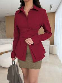Blusa de manga larga de ajuste ceñido, de unicolor y elegante, con cuello, de poliéster y cierre de botones, para primavera - Rojo - Ver 1