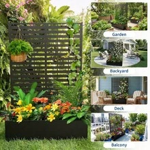 Jardinera elevada de metal con celosía y pantalla de privacidad - Drenaje integrado - Soporte robusto para plantas trepadoras, flores o vegetales - Patio o balcón - Negra - Rayas finas, con ruedas - Rayas gruesas de rejilla, con ruedas - Ver 6