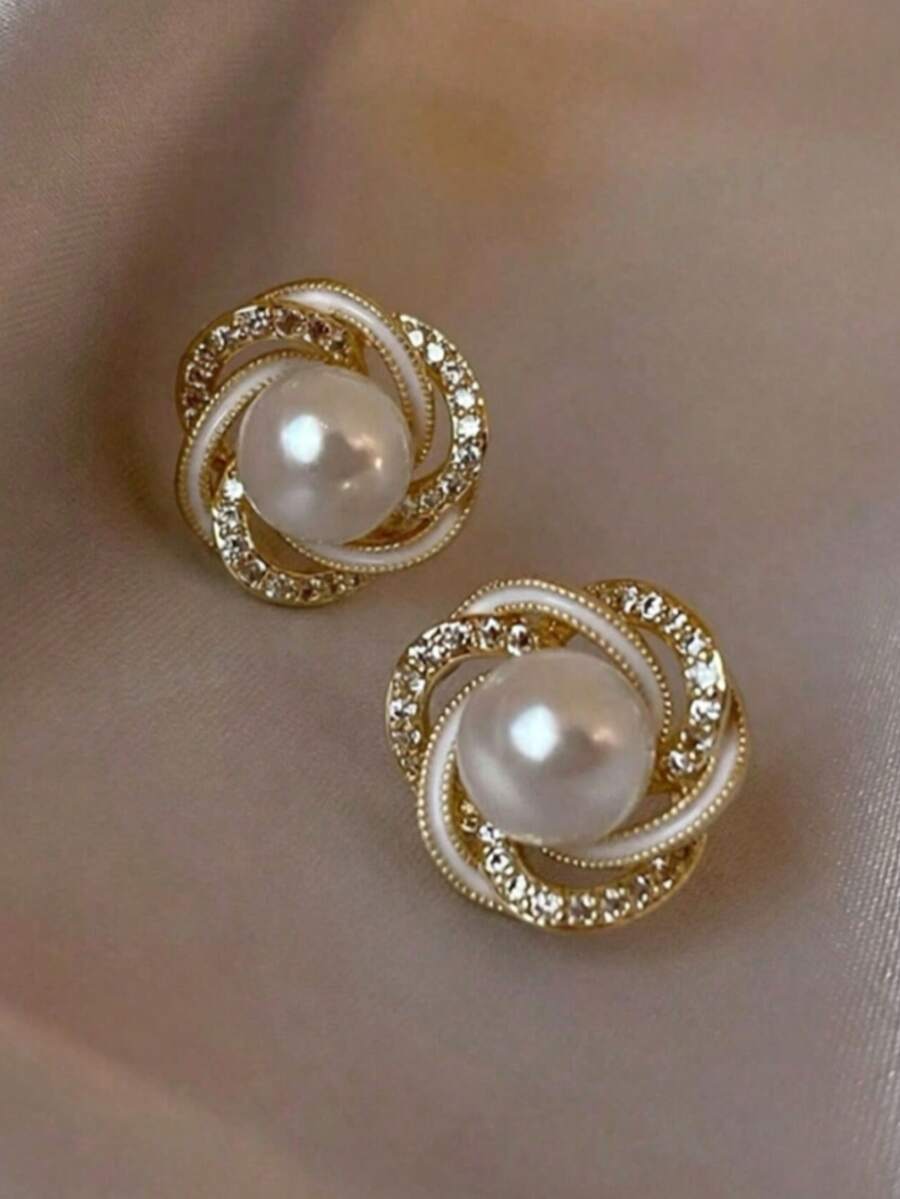 1 Pair Korean Style Ins Temperament Simple Versatile Faux Pearl Stud Earrings Women's Sweet Elegant Rhinestone-Encrusted Earrings - White a - View 1