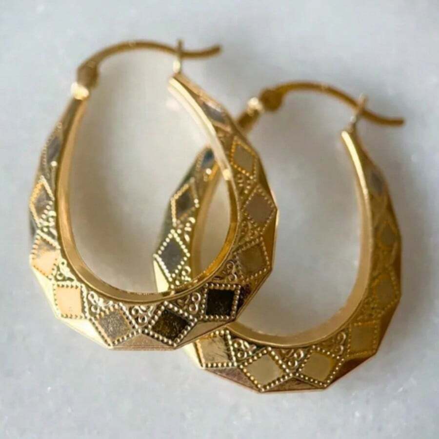 Goldene Vintage handgeschnitzte Muster große Wassertropfen Ohrringe, klassisches elegantes Schmuckaccessoire für Frauen, geeignet als Urlaubsgeschenk - Gold - Übersicht 1