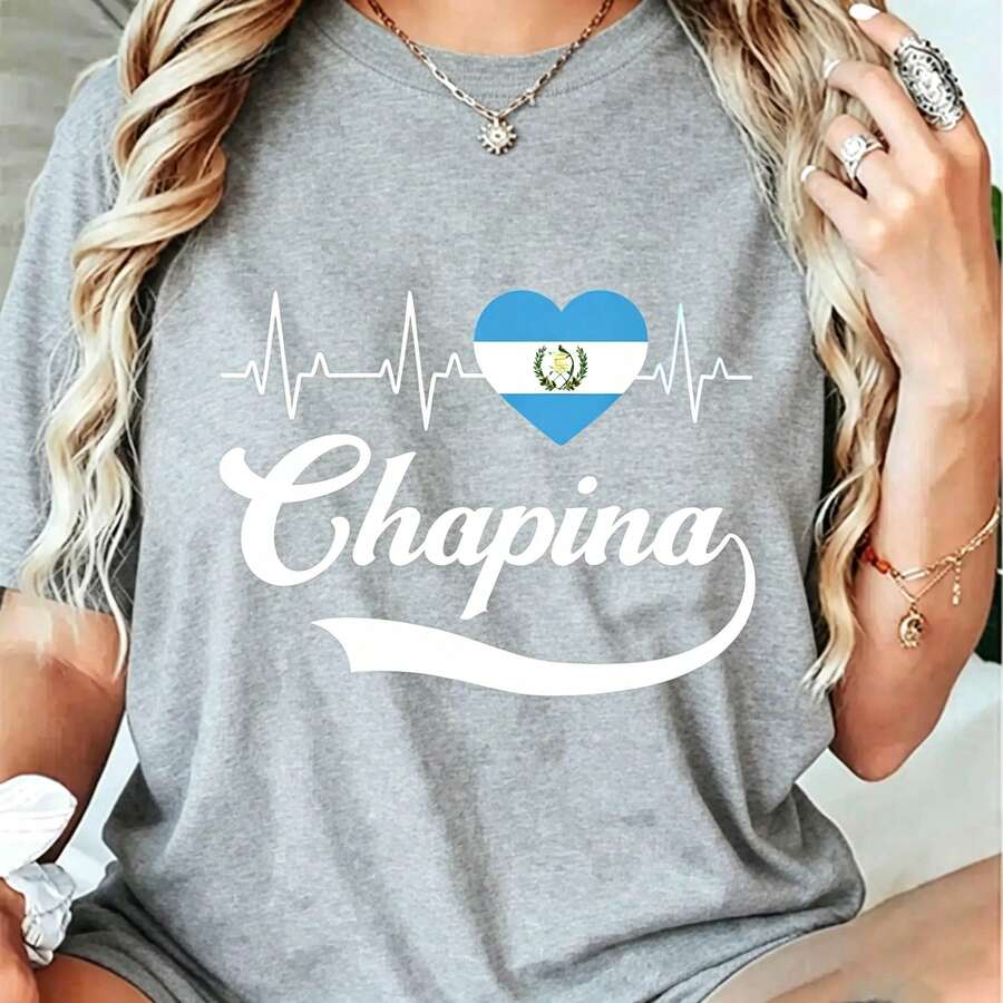 100% Cotton Unisex Guatemalan Flag Girl Women Guatemala Chapina Camiseta Slang T-Shirt-Vintage Street Style Unisex Loose Cotton Short Sleeve Crew Neck - 灰色 - 查看 1