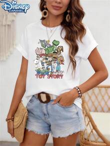 Toy Story Character Floral Pattern Themed Double-Sided Shirt, Women's Casual Round Neck Short Sleeve T-Shirt, Suitable For Spring/Autumn/Summer - 白色 - 查看 6