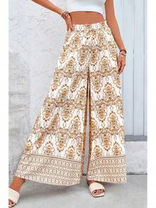 [Free Shipping]Women Wide Leg Pants Casual High Waist Floral Palazzo Pants For Women Flowy Lounge Boho Beach Trousers Pockets Women's Wide Leg - 卡其色 - 查看 4