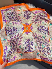 1pc 65*65cm Orange Purple Paisley Print Satin Scarf, Thin Imitation Silk Square Scarf, Multi-Use Neck Scarf/Shawl/Waist Scarf, Versatile For All Seasons, Daily/Party/Travel - Orange - View 7