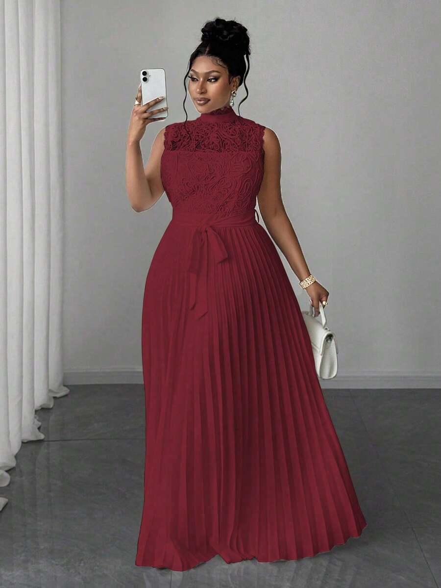 Maweii Vestido elegante de mujer talla grande con cuello mao, sin mangas, con cintura plisada y encaje - Rojo - Ver 1