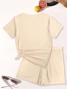 2pcs Women Casual Round Neck Short Sleeve T-Shirt And Shorts Set, Medium Stretch Fabric Summer - Apricot - View 7