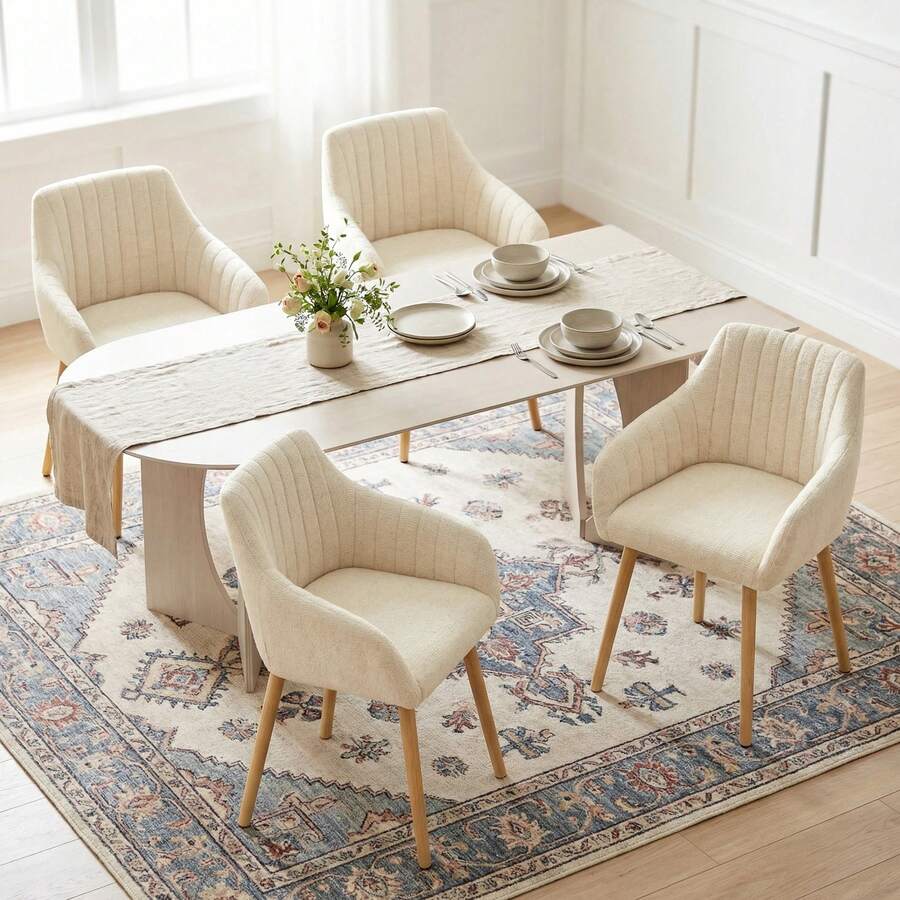Goeurvant Modern Vertical-Stripe Upholstered Dining Chairs With Armrests And Solid Wood Legs For Dining Room, Kitchen, Living Room - Set Of 2 / Set Of 4 / Set Of 6--Beige-Chenille - Milky White - View 1
