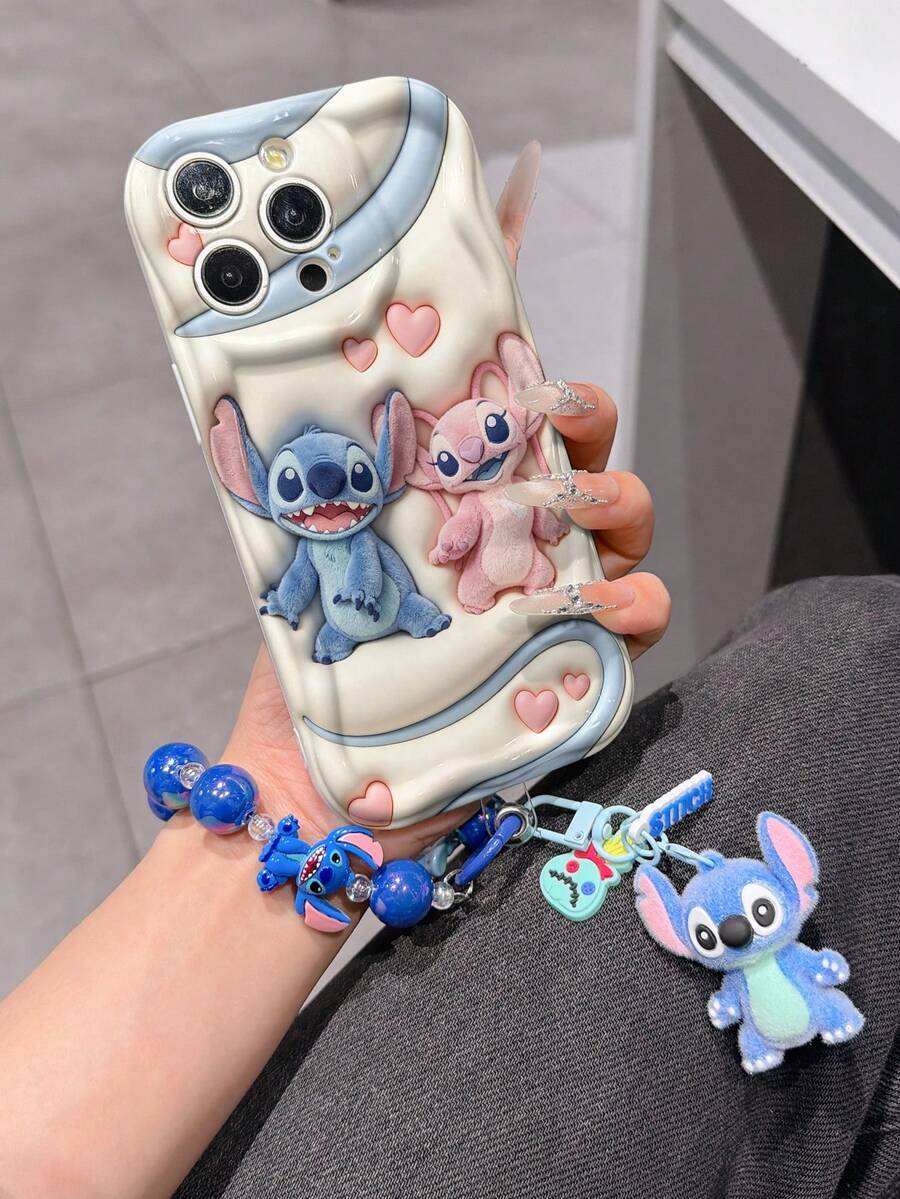 Disney Has Authorized, Phone Case - Chain Set, The Stitch Lilo & Stitch 3D Phone Case Plus A Silicone 3D Stitch Bracelet With Metallic Ring Removable Bracelet, Stitch And Angel Pattern, Compatible With Iphone17/16/15/14/13/12/11/XS/XR/X Plus Pro Max, A Stylish Cartoon Phone Case, The Perfect Gift Choice, Phone Protection, Durable Phone Cover, Great Gift For Friends And Family. - trắng - Xem 1