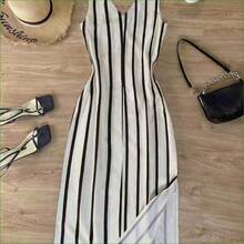 Vestido midi de mujer de un solo pecho con cinturón y rayas, elegante y de moda - Blanco y Negro - Ver 3