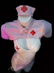 Sexy Nurse Uniform 5-Piece Set (Headwear + Top + Underwear + Short Skirt) Paired With Three-Point Seductive Lace-Up Lingerie, Offering Bold And Unrestrained Role-Playing Charm, Essential For Private Dates Between Couples - 粉紅色 - 查看 5
