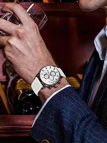 Men's Fashion White PU Leather Quartz Watch, Zinc Alloy Round Case, Suitable For Daily Wear & Work, Great Gift - White - View 4