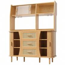 High-End Rattan-Look Sideboard With Sliding Glass Doors, 174.5 Cm High Kitchen Unit With Storage Space, Natural Wood/Walnut Finish, Load Capacity Up To 60 Kg - Natural Color - View 11