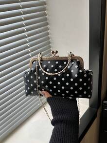 波點滿版印花時尚扣環女款手提包，優雅托特包適用於派對與購物，隨機圖案配置 - 黑色 - 查看 10