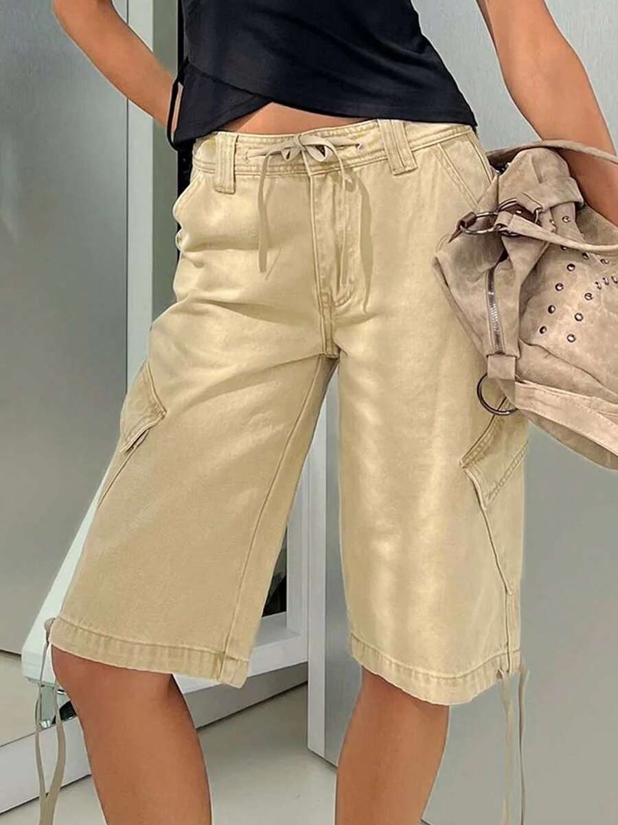 Cargo Shorts For Women Elastic Waist Knee Length Shorts Summer Outdoor Waterproof Hiking Pants With Pockets - 卡其色 - 查看 1