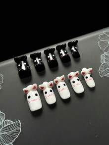 Handmade Press On Nails, 10Pcs Black & White 3D Cat Fake Nails With Kitty Face & Ears, Almond Acrylic Nails, Reusable False Nails For Cosplay/Kawaii Party - Black and White - View 10