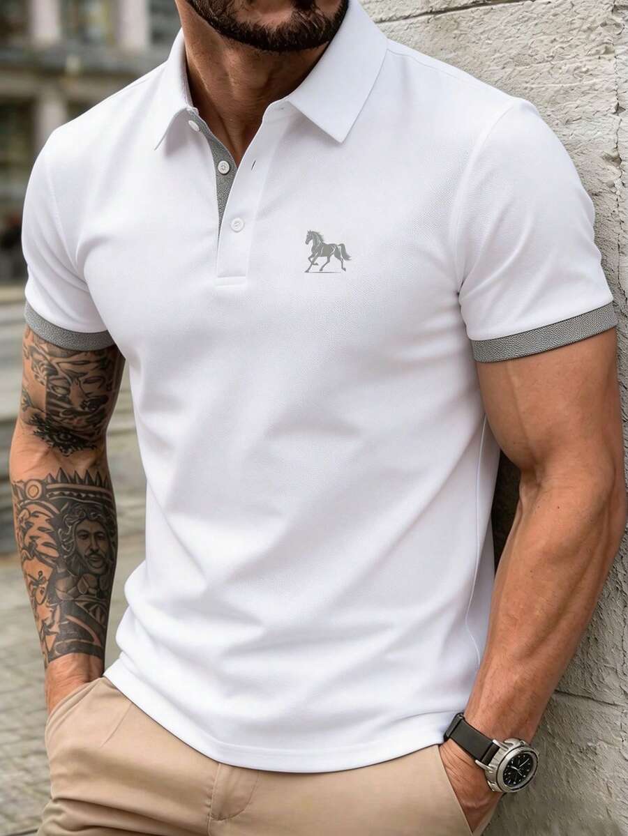 1件男士夏季對比領馬匹印花 Polo 衫，冰絲快乾透氣商務休閒通勤上衣 - 白色 - 查看 1