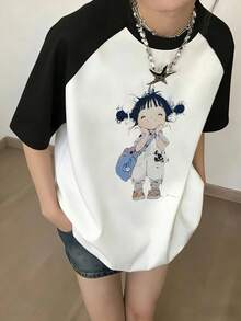 Kaos Kasual Lengan Pendek Raglan Leher Bulat Warna Kontras Gaya Y2K Terbaru untuk Gadis Imut Musim Panas - Hitam dan Putih - View 1