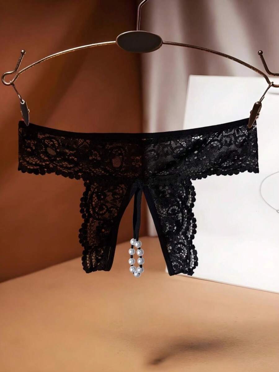 Women's Black Sexy Semi-Sheer Lace Open Crotch G-String Panty, Faux Pearls Chain Lingerie For Going Out - Black - View 1