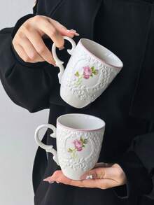 1個陶瓷馬克杯,壓花粉色邊緣玫瑰設計,法式Ins風高品質陶瓷咖啡杯,花卉圖案,粉色邊緣設計,適合下午茶、牛奶、拿鐵和咖啡 - 彩色 - 查看 5